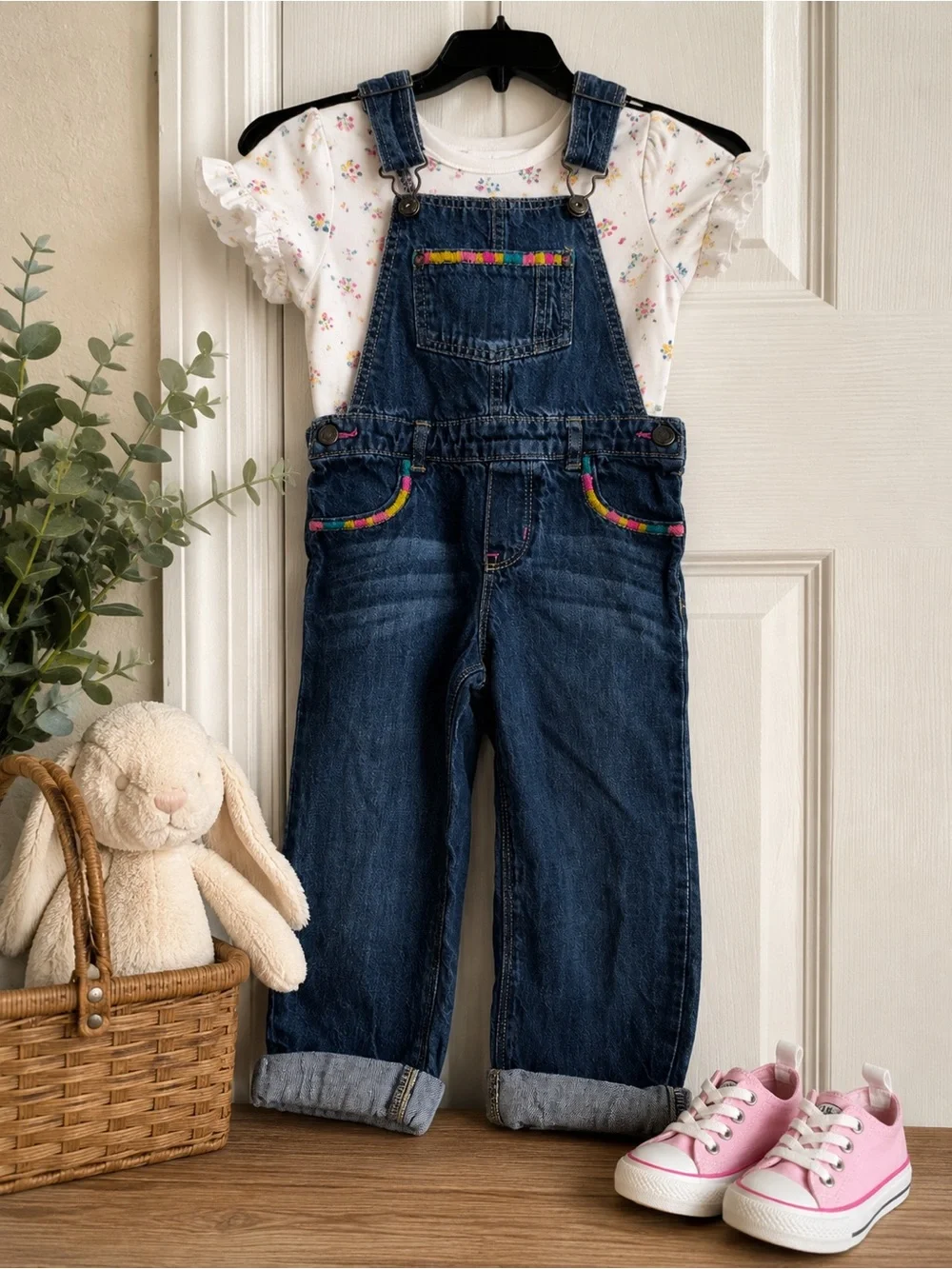 OshKosh B'gosh Dark Blue Denim Overalls with Rainbow Trim